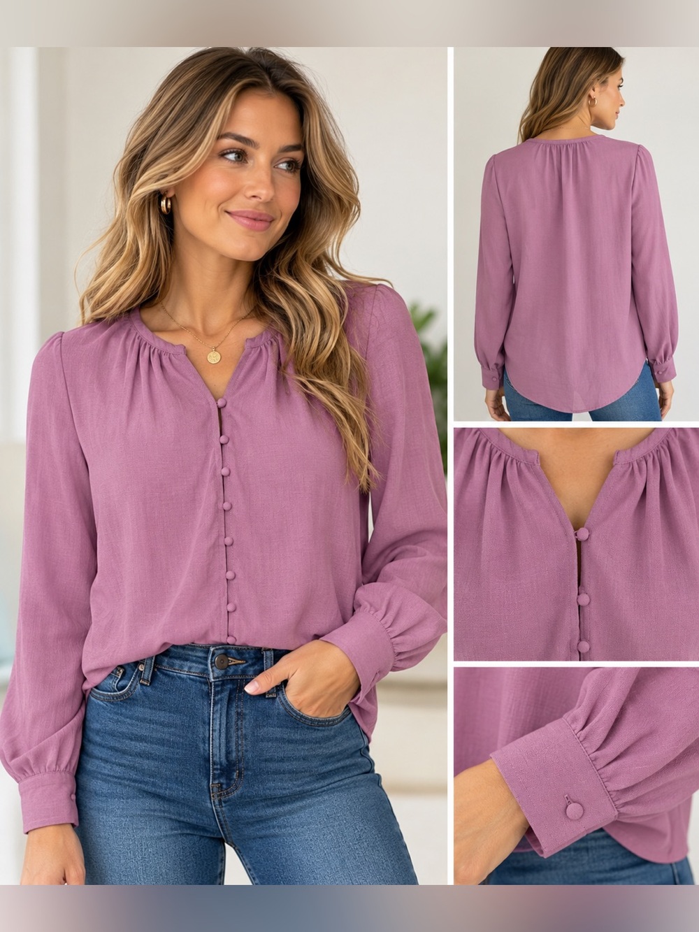 Nine West Mauve Purple Button Front Blouse Long Sleeve Women’s Size Small